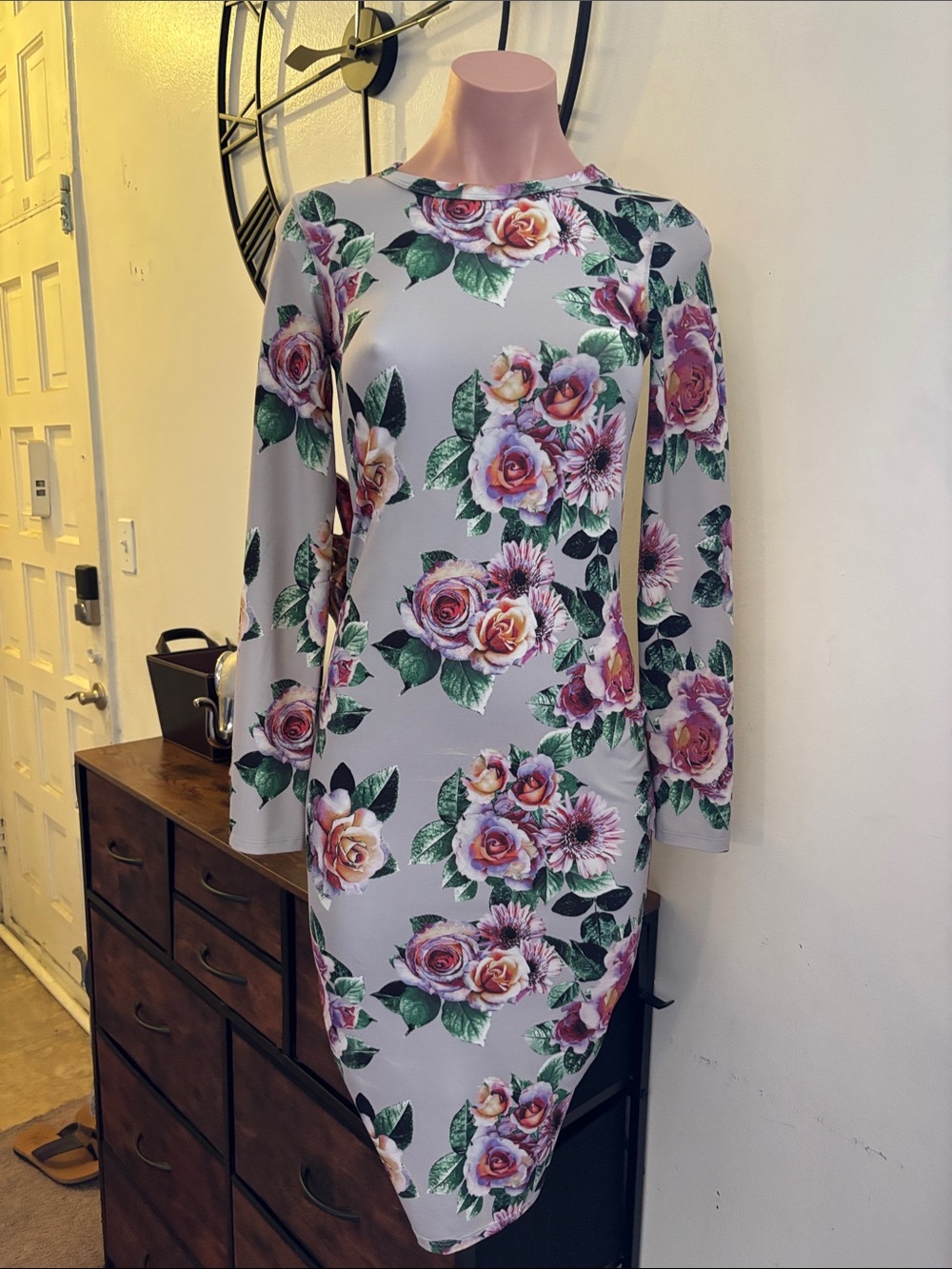 #236 Zara Floral Long Sleeve Bodycon Dress in Light Gray, Pink and Green